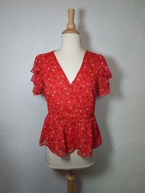 Madewell Red Floral Wrap Peplum Top XS